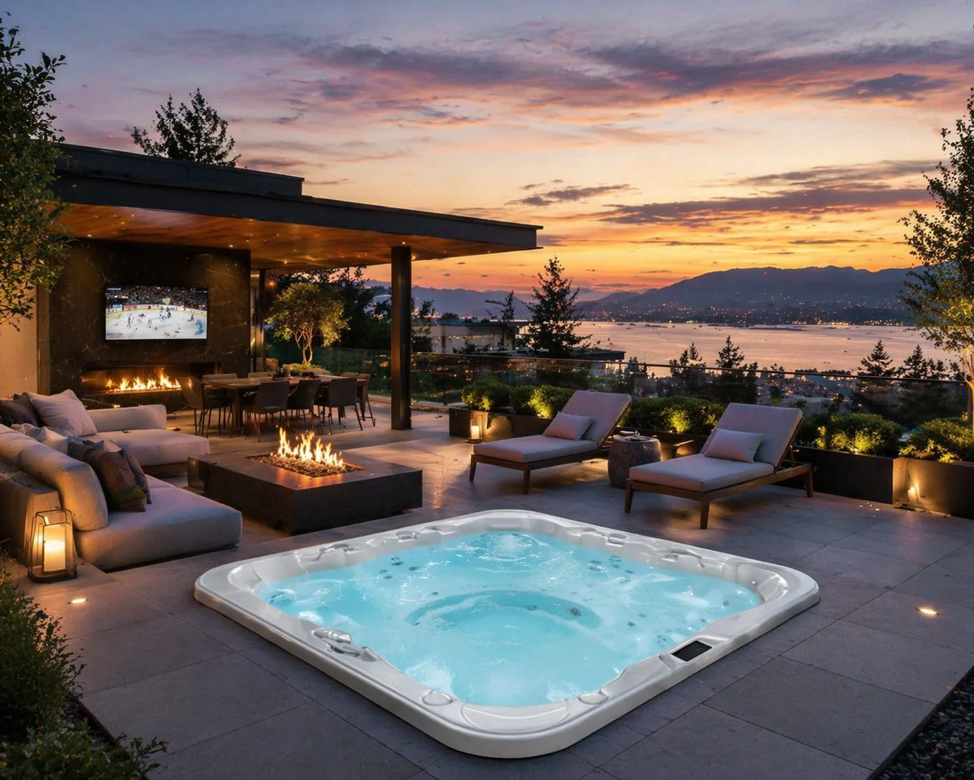 Legacy Spas lifestyle image of an outdoor hot tub at dusk