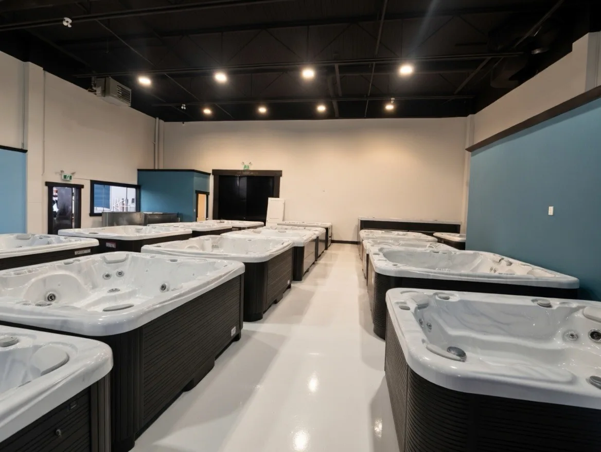 Hot tubs on display inside the Legacy Spas showroom